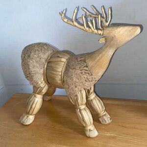 Vintage Reindeer Figurine Christmas Decoration, Carved Wood and Grass Reindeer,